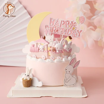 Pink Bunny Traukinio Kūdikių Apdaila su Gimtadieniu Triušis Mėnulis Pyragas Topper Vaikams, Vaikas Šalies Kepimo Reikmenys Mielas Dovanas