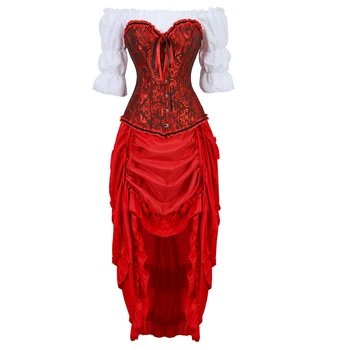 Moterims seksualus korsetas suknelė, sijonas viršuje 3piece priekiniai aukštos ir žemos nereguliarus bustiers korsetai maskuotis kostiumas suknelė helovinas raudona