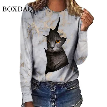 Juokinga Cute Kačių 3D Spausdinimo Marškinėliai Atsitiktinis Puloveriai Moterims Drabužių Pavasario Rudens Viršūnes Long Sleeve T-Shirts Lady Drabužių Mados Viršūnes