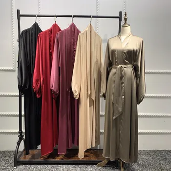 Eid Atidaryti Abaja Kimono Satino Dubajus Abayas Moterų Burbulas Rankovės Musulmonų Suknelė, Hijab Paprasto Maroko Kaftan Turkijos Islamo Drabužiai