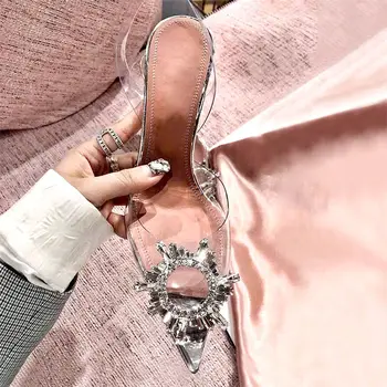 Moterų Siurbliai, Elegantiškas Pažymėjo Tne Cirkonio Aukštakulniai Vestuviniai Bateliai Crystal Clear Obcasie Slingback Siurbliai Sandalai Plius Size34-42