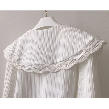 Korėjos Tuščiaviduriai Iš Susiuvimo Elegantiška Palaidinė Moterų Mados Didelis Atvartas Balta Nėrinių Marškinėliai Ilgomis Rankovėmis Rudenį Pearl ButtonTop 17514