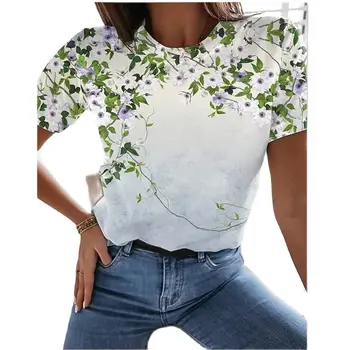 Naujų produktų vasaros T-shirt didelio dydžio marškinėlius High Street moterų marškinėlius trumpomis rankovėmis gėlių spausdinti mada, t-marškinėliai, Moteriški marškinėliai audinys moteris