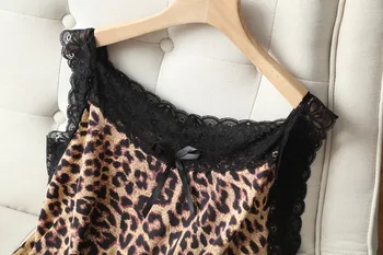 Moterų Atlasas Pižamą Namų Drabužių Atsitiktinis Nightdress Leopard Seksualus Spageti Diržas Trumpo Nėrinių Vasaros Naują Homewear Naktiniai Drabužiai