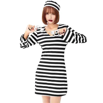 Juodos ir baltos juostelės Moterų kalinys Cosplay Moterų Helovinas Kalėjimo kostiumas Karnavaliniai Kostiumai Puras paradas Vaidmuo šalis suknelė