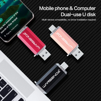 WANSENDA Tipas-C Išmaniųjų Telefonų USB 2.0 Flash Drive, Metalinis Tušinukas Ratai 8G 16GB 32GB 64GB 128GB 2 IN 1 Pendrive USB Atmintinės
