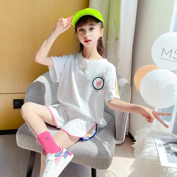 Korėjos Kūdikių Mergaičių Vasaros marškinėliai + Šortai, Medvilnės Sportiniai Drabužiai Tiktų 2021 Paauglių Vaikų Komplektus Vaivorykštė Juostele Dviejų dalių Komplektas