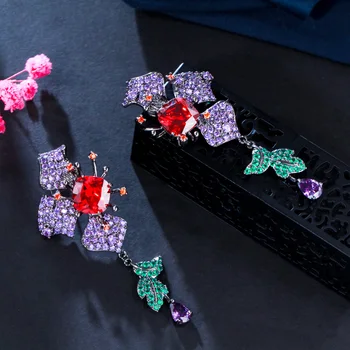 Peros Grakštus Simetriškas Gėlių Lapų Dizainas Violetinė Raudona Kubinis Cirkonis Ilgai Lašas Auskarai vakarinę Suknelę Papuošalai Moterims E853