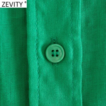 Zevity Moterų Vintage Žalia Spalva Prarasti Lino Palaidinė Office Lady Viena Breasted Kvėpuojantis Marškiniai, Elegantiškos Chemise Blusas Viršūnes LS9647