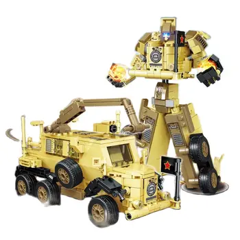498pcs 2 in 1 Išminavimo Karinės transporto Pertvarka Robotas Mecha Blokai Armijos Sunkvežimių Plytų Žaislai Vaikams
