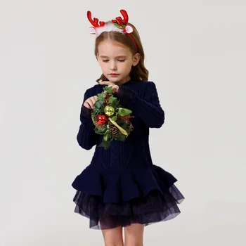 2021 Žiemos Medvilnės Megzti Mergaičių Suknelė Kalėdų Vakarėlį Long Sleeve Sweater Dress Vaikams Mergaitėms Nėrinių Tutu Suknelė Vaikų Drabužiai