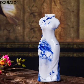 DXUIALOI paprasta rankomis dažyti mėlyna ir balta porceliano cheongsam maža vaza, keramikos amatai kambarį darbalaukio džiovintų gėlių vaza