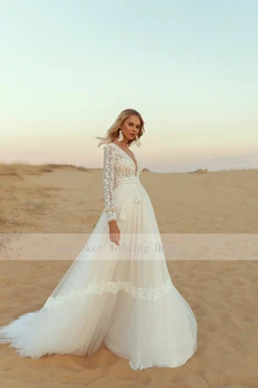 Hipis Paplūdimio Boho Grobimas Photoshoot Vestuvių Suknelė V-Kaklo, Ilgomis Rankovėmis, Tiulio, Nėrinių Linija Pajūrio 2021 Vestuvinės Suknelės
